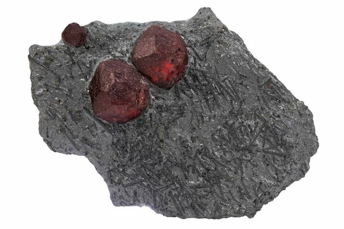 Plate of Three Red Embers Garnets in Graphite - Massachusetts #301071